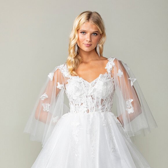 New Off White Mini Bridal Dress w/ Cape Sleeves & Butterfly Applqiue DQ 3393 - Picture 3 of 9